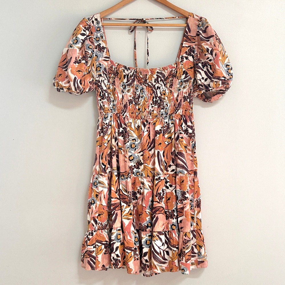Girl & The Sun Annalise Mini Dress XL Pink Floral Puff Sleeve Free People